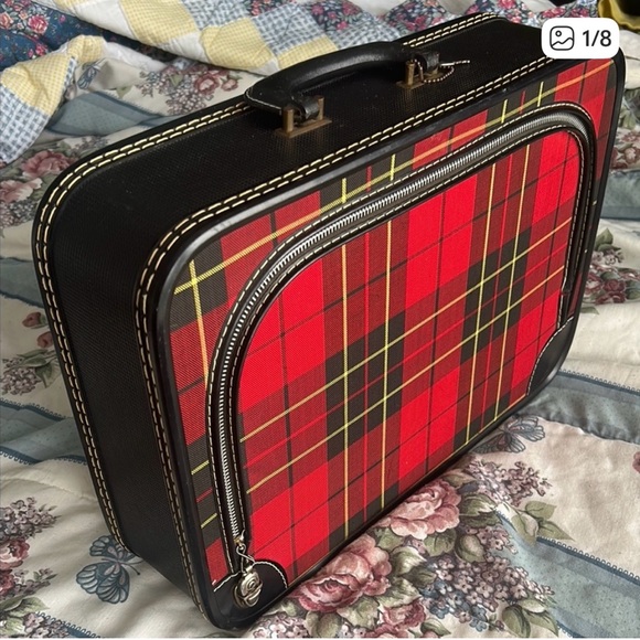 Authentic Original Vintage Style Other - Red Plaid and Black Small Weekend Luggage Case